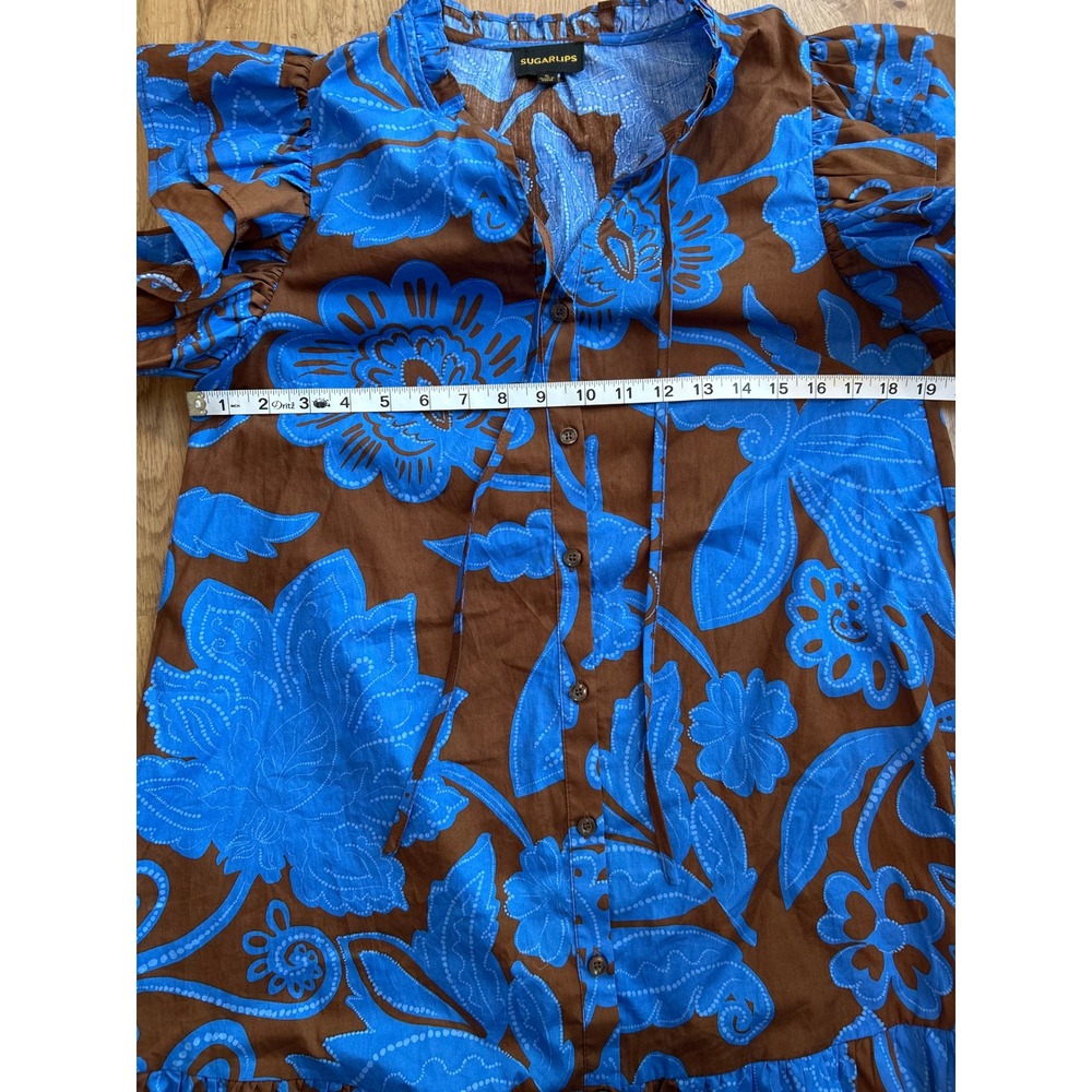 Sugarlips Blue Brown Floral Ruffle Shoulder Cotton Mini Dress Small - Picture 9 of 9